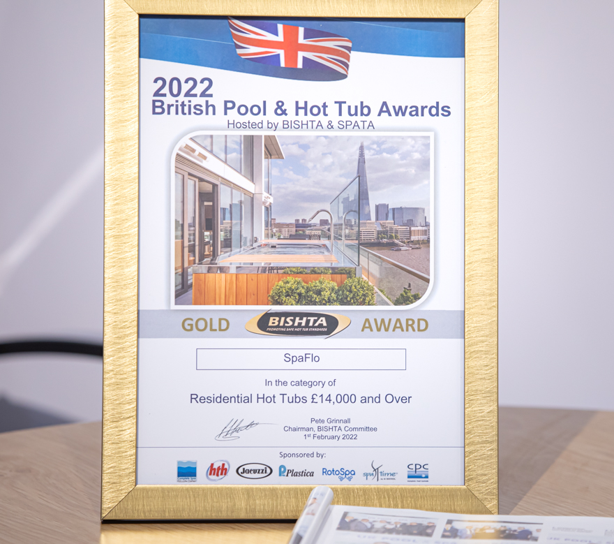 Framed Gold Award Certificate for SpaFlo Residential Hot Tubs Win hosted by BISHTA and SPATA.  Branding photography for SpaFlo by Di Jones Photography